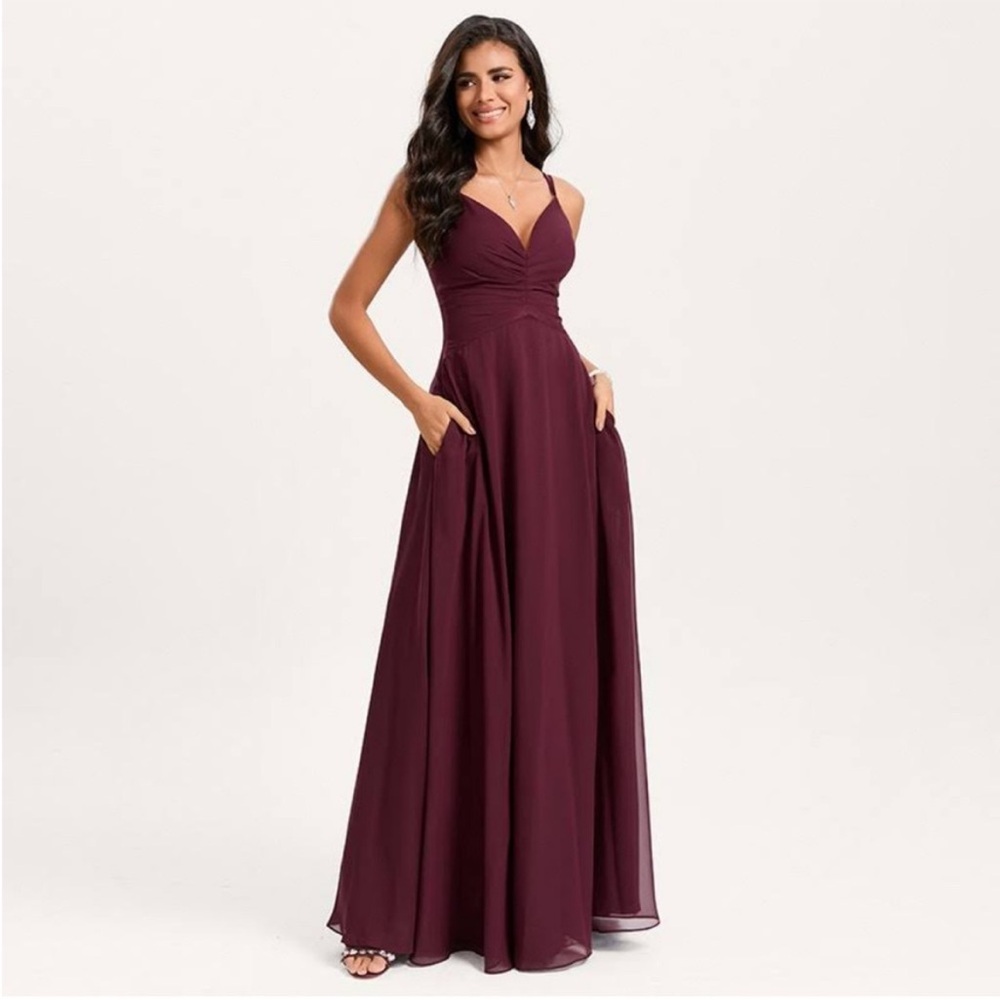 DB Studio Celebrate Burgundy V Neck Cross back Maxi Dress